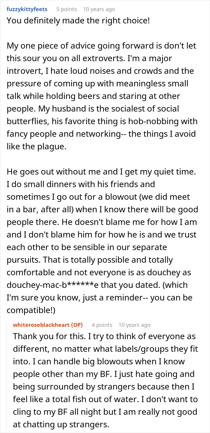 A screenshot of a Reddit comment offering advice to an introverted GF about a bar crawl with friends for a birthday. A screenshot of a Reddit comment offering advice to an introverted GF about a bar crawl with friends for a birthday.