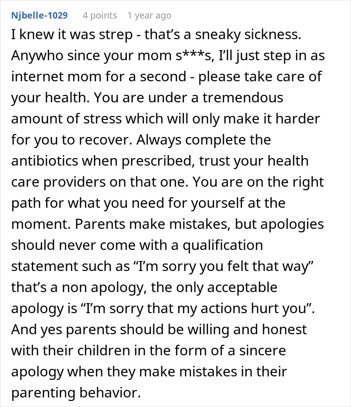 Screenshot of a Reddit comment advising the woman to take care of her health and that parents should make sincere apologies when she leaves home.