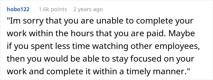 A Reddit comment suggesting an Ableist Karen should focus on her own work instead of lecturing a coworker.