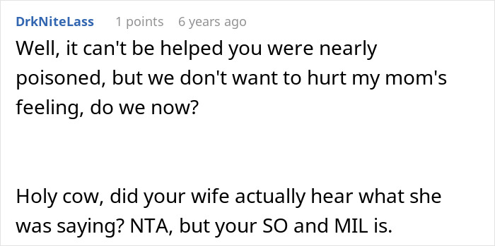 Comment criticizing wife and MIL for ignoring allergy risks and feelings in family dispute