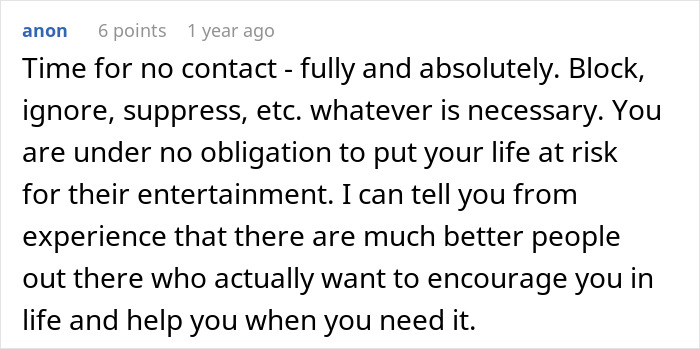 A comment advising no contact, blocking, ignoring, and suppressing for personal safety and well-being.