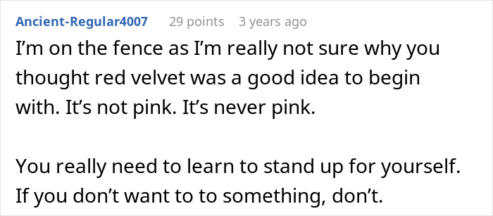 Comment expressing confusion over red velvet cake as a pink gender reveal option Comment expressing confusion over red velvet cake as a pink gender reveal option