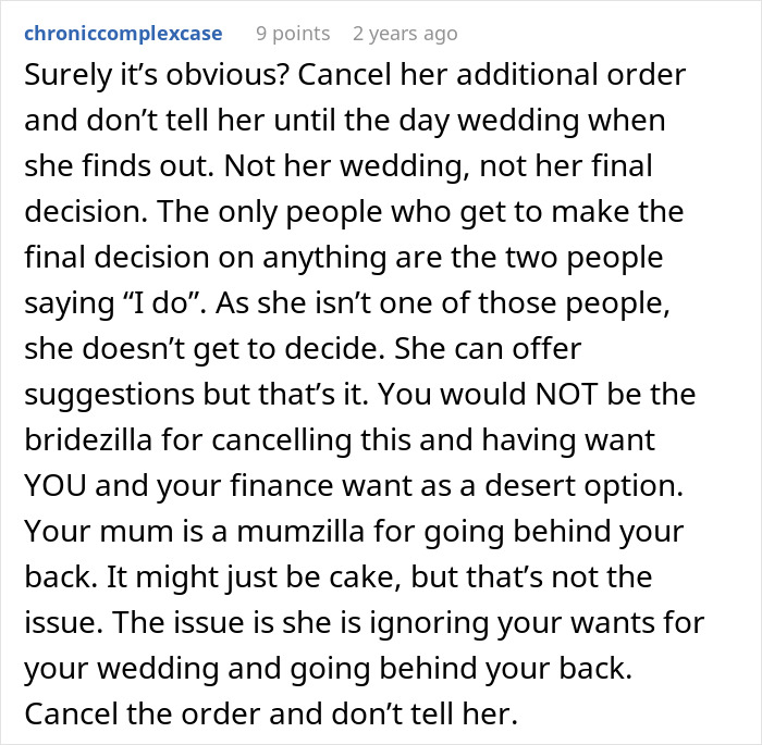 Opinion on canceling unauthorized wedding cake orders without telling mom Opinion on canceling unauthorized wedding cake orders without telling mom