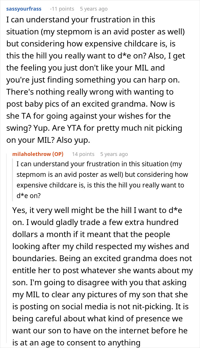 Discussion about mother in law crossing boundaries while babysitting child