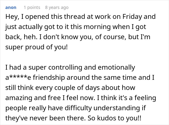 A comment from someone proud of a person escaping a controlling, toxic guy relationship, sharing their own similar experience.