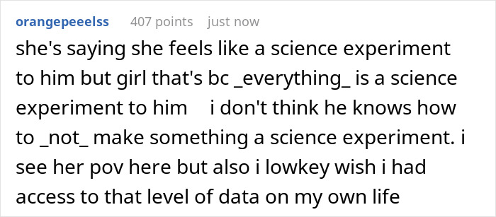 Comment comparing relationship to a science experiment and data obsession Comment comparing relationship to a science experiment and data obsession