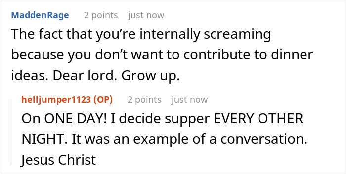 Argument over contributing to dinner ideas between spouses