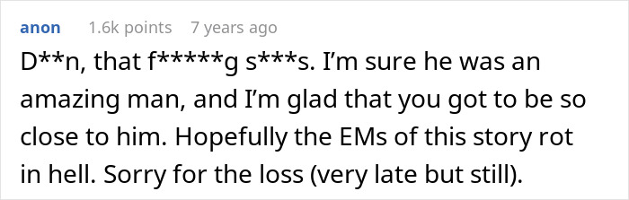A comment expressing sorrow for the loss and condemnation for the greedy family at the grandma's funeral. A comment expressing sorrow for the loss and condemnation for the greedy family at the grandma's funeral.