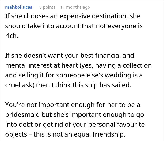 Comment on expensive destination wedding costs and unequal friendship expectations