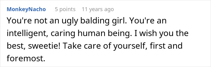 A comment offering support to a woman whose hair looks messy, reminding her of her worth beyond appearance.