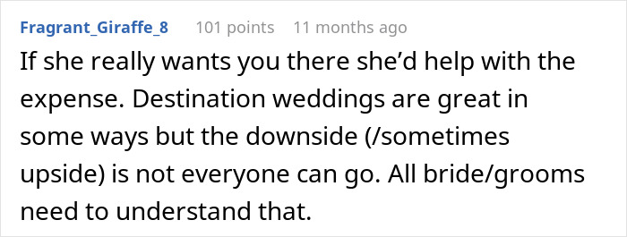 Comment on pros and cons of destination weddings and guest expenses