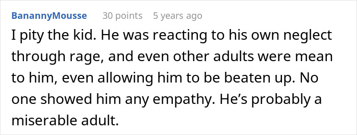 A comment about a bully who was neglected, reflecting on the parents' refusal to take him on a beach trip. A comment about a bully who was neglected, reflecting on the parents' refusal to take him on a beach trip.