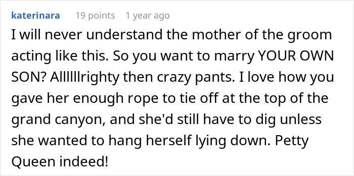 A comment criticizing the MIL for wearing white at her son's wedding and the bride's clever response.