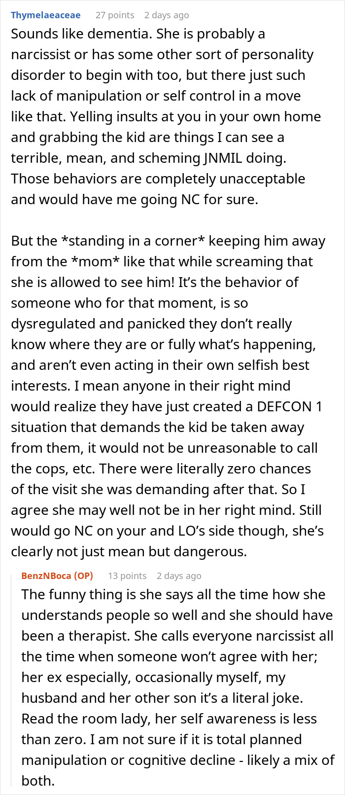 A comment section discussing a grandma who throws a fit before family vacation and clings to a toddler. A comment section discussing a grandma who throws a fit before family vacation and clings to a toddler.
