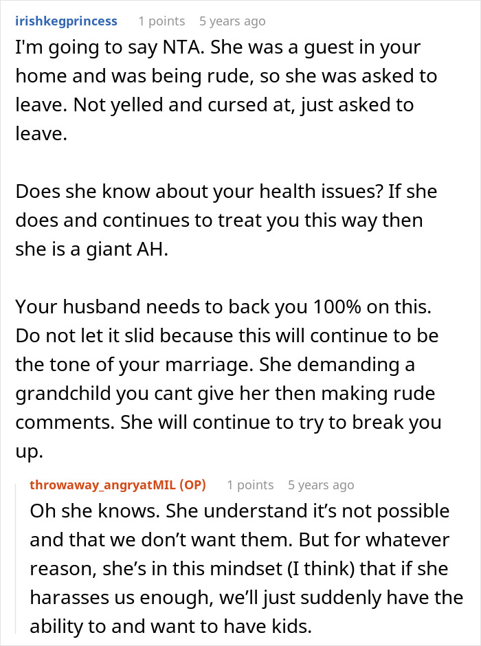 Reddit comment on MIL rudeness and health issues affecting couple's child decisions