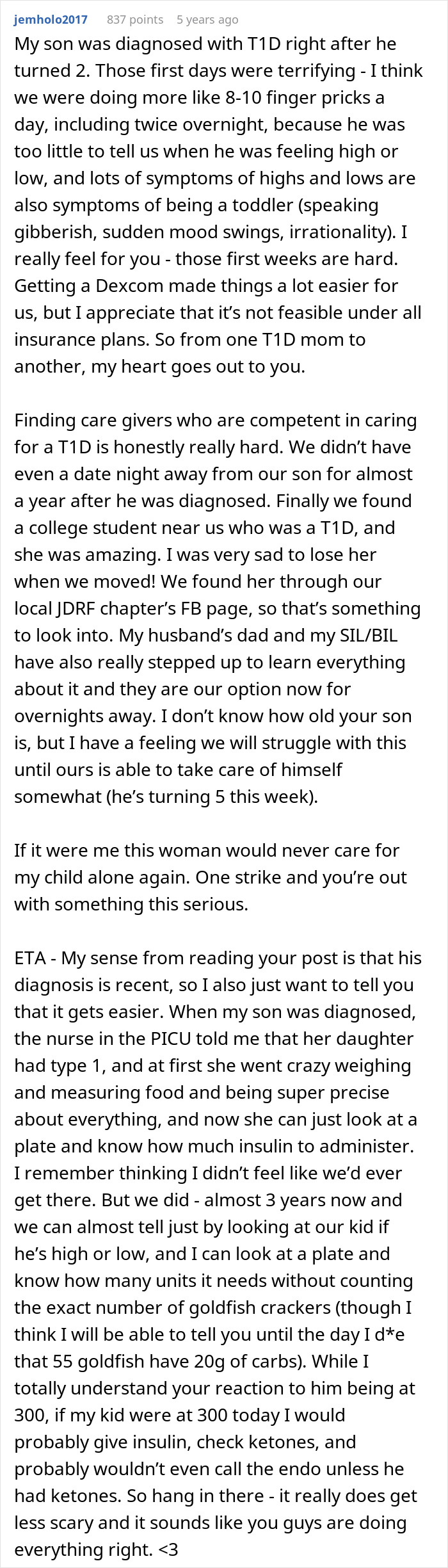 A detailed comment about caring for a child with Type 1 diabetes and the challenges parents face regarding insulin.