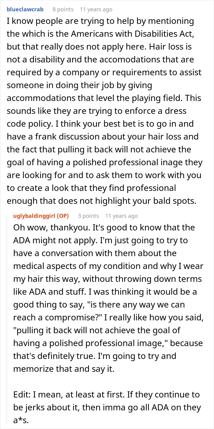 A woman shares her experience with hair loss and the implications for her job security.