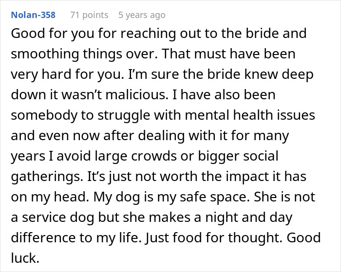 Comment about reaching out to bride and coping with mental health at wedding Comment about reaching out to bride and coping with mental health at wedding