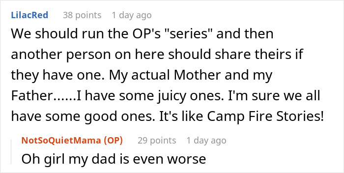 A user suggests sharing stories about husband's mom breakdowns, with OP agreeing her dad is even worse.