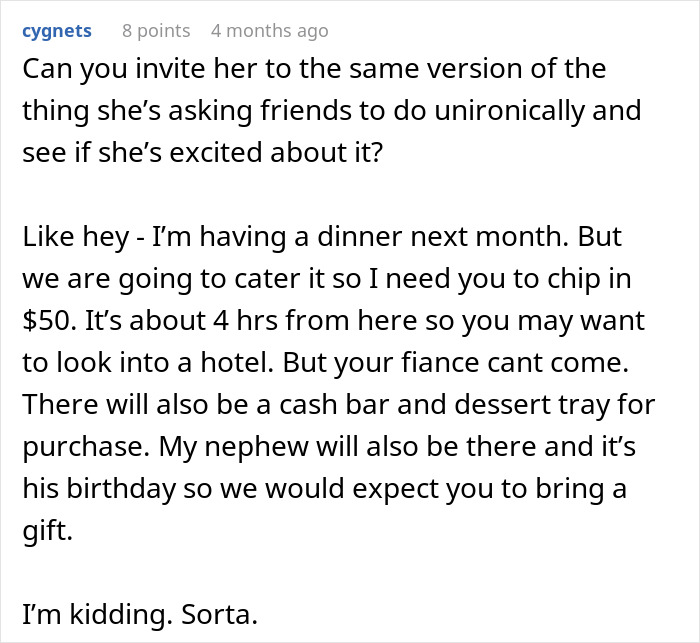 Comment humorously describing wedding invitation with costs and gift expectations Comment humorously describing wedding invitation with costs and gift expectations