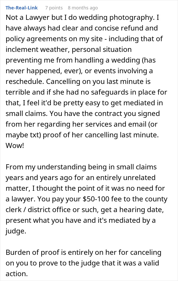 Wedding photography refund policies and small claims explanation for last-minute cancellations