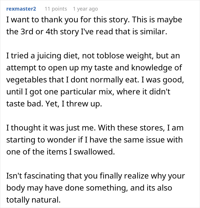 A screenshot of a Reddit comment where a user shares a personal story about a food issue.