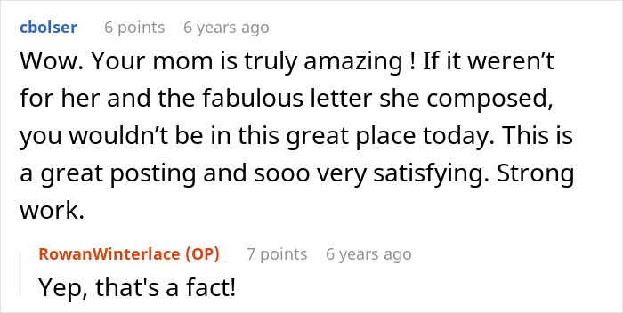 A Reddit comment praising the mother's legal knowledge in the story of an unjustly fired employee getting revenge.