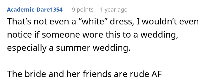 A comment discussing wedding attire, noting a dress is not white and would be acceptable, suggesting no wedding mistake. A comment discussing wedding attire, noting a dress is not white and would be acceptable, suggesting no wedding mistake.