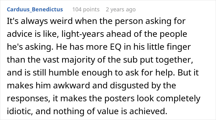 Screenshot of an online comment remarking on the EQ of the person asking for advice regarding his accident and marriage.