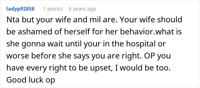 Comment condemning wife and MIL for ignoring allergy risks and behavior in family conflict