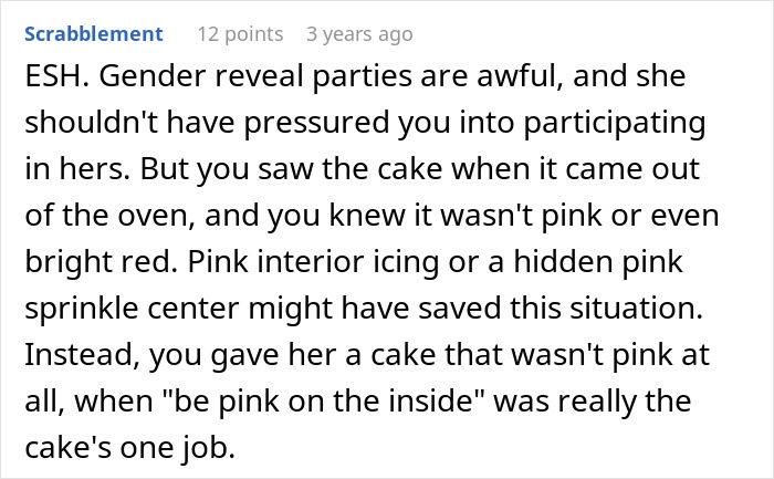 Comment critiquing gender reveal parties and cake color choice Comment critiquing gender reveal parties and cake color choice