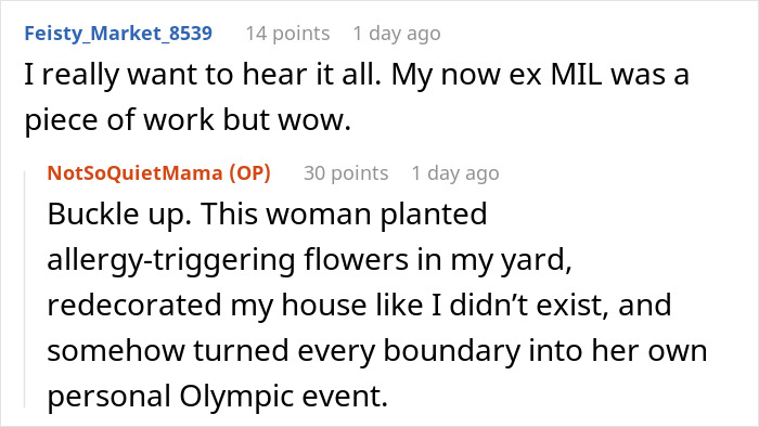 A screenshot from Reddit with a user commenting on a husband's mom having a breakdown.