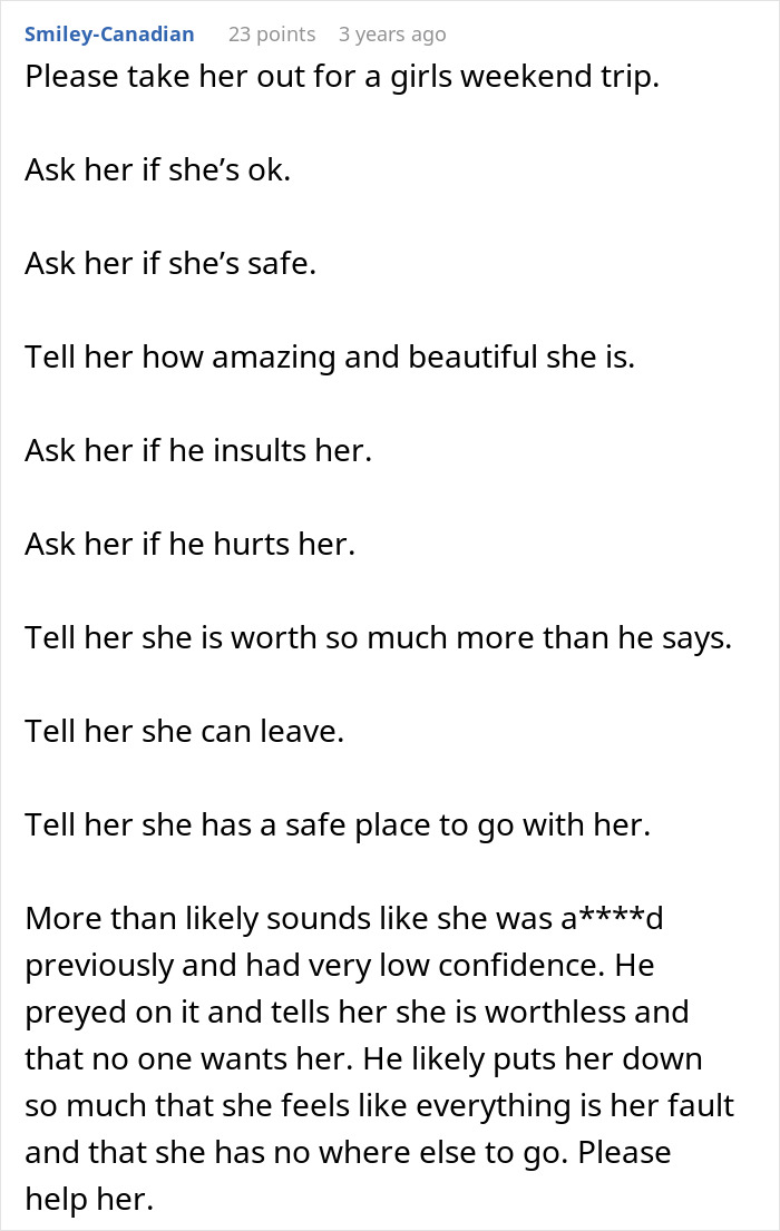 A comment detailing advice for a bride, suggesting a girls trip and checking on her safety, confidence, and well-being at the wedding.