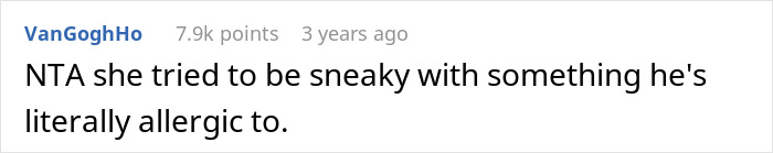 Reddit comment stating MIL tried to sneak something husband is allergic to