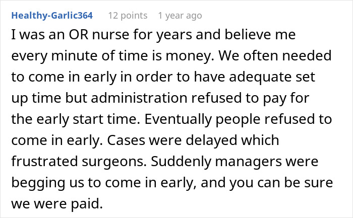 A screenshot of a comment from an OR nurse about managers refusing to pay for early start time, highlighting illegal shenanigans.
