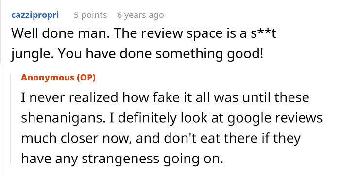 A Reddit comment shares how a restaurant scam involving employees revealed fake google reviews and shenanigans.