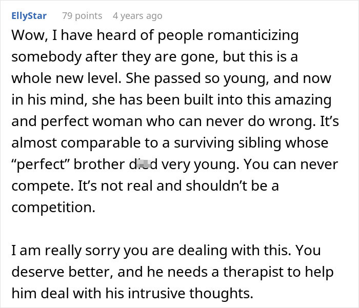 A screenshot of a comment on a pregnant woman and husband's divorce, addressing the husband grieving his late ex. A screenshot of a comment on a pregnant woman and husband's divorce, addressing the husband grieving his late ex.