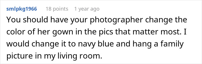 A comment suggesting to change the mother-in-law's gown color in wedding photos to navy blue for family pictures.