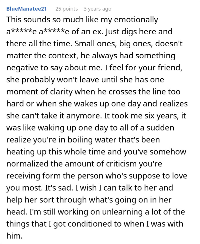 A comment relating personal experience with an emotionally a*****e partner to the bride's wedding situation.