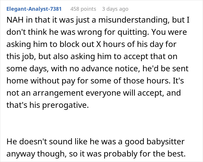 Comment explaining misunderstanding in babysitting pay dispute Comment explaining misunderstanding in babysitting pay dispute