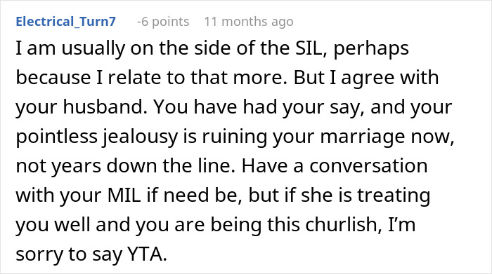 A screenshot of a Reddit comment regarding a husband wanting to honor his mom, and wife wondering why he never wants to honor her.