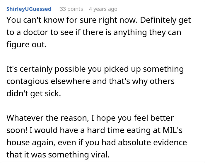 A Reddit comment recommends seeing a doctor for violent sickness and being cautious about eating at MIL's house again.