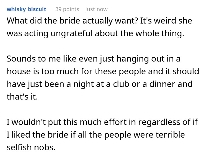 A screenshot of a Reddit comment discussing the bride's ungrateful attitude about her bachelorette party and family drama. A screenshot of a Reddit comment discussing the bride's ungrateful attitude about her bachelorette party and family drama.