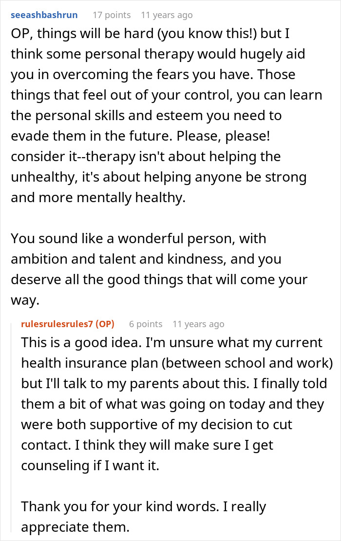 A Reddit comment section offering therapy advice to someone struggling with a toxic guy and his rules.