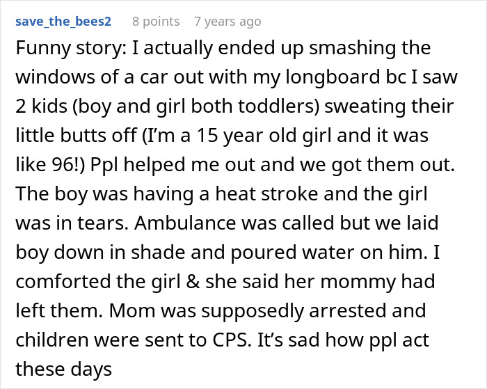 Screenshot of a Reddit comment describing a Mom's parenting fail and getting arrested for leaving kids in a hot car. Screenshot of a Reddit comment describing a Mom's parenting fail and getting arrested for leaving kids in a hot car.