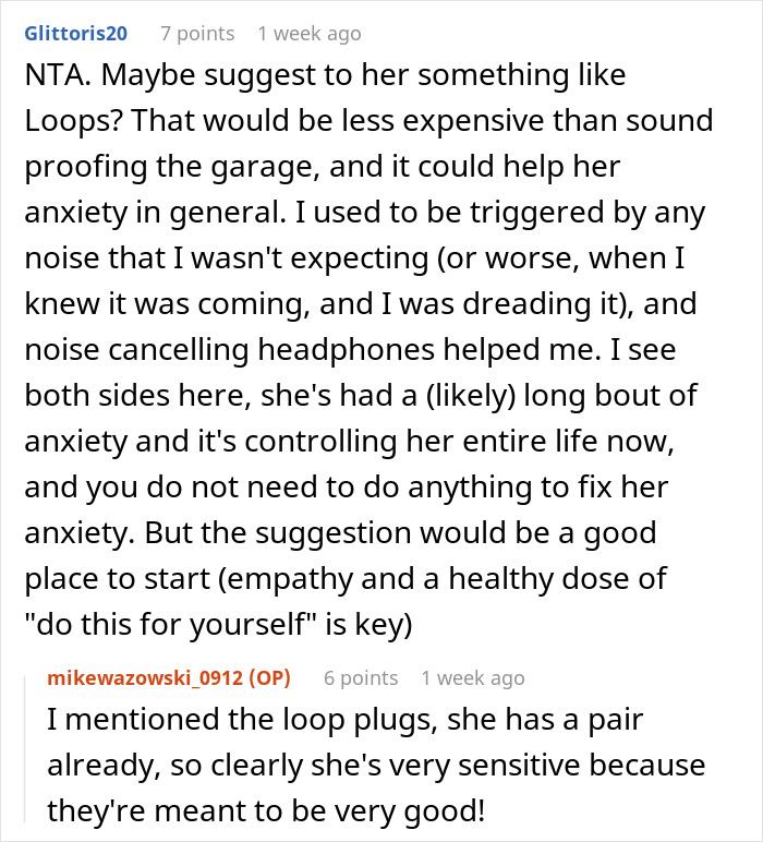 User suggests solutions for an anxious neighbor complaining about a guy's car, like noise-canceling headphones. User suggests solutions for an anxious neighbor complaining about a guy's car, like noise-canceling headphones.