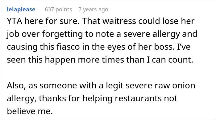 A Reddit comment criticizing someone who lied about a severe allergy at a restaurant, affecting others with real allergies.
