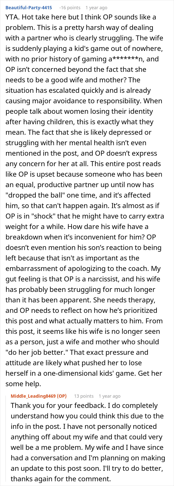 A lengthy comment criticizing the husband for his reaction to his wife's gaming problem, suggesting she needs help.