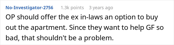A Reddit comment suggesting the OP offer the ex-in-laws an option to buy out the apartment from the inheritance.