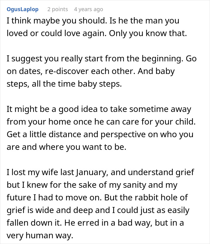 A comment about a pregnant woman asking for divorce, suggesting starting from the beginning with baby steps. A comment about a pregnant woman asking for divorce, suggesting starting from the beginning with baby steps.